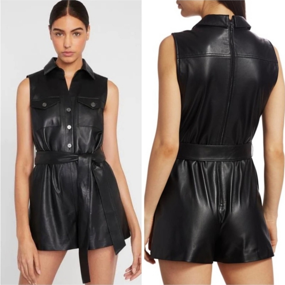 🆕️ 🖤Alice + Olivia🖤 - Black Lamb Leather Sleeveless Romper